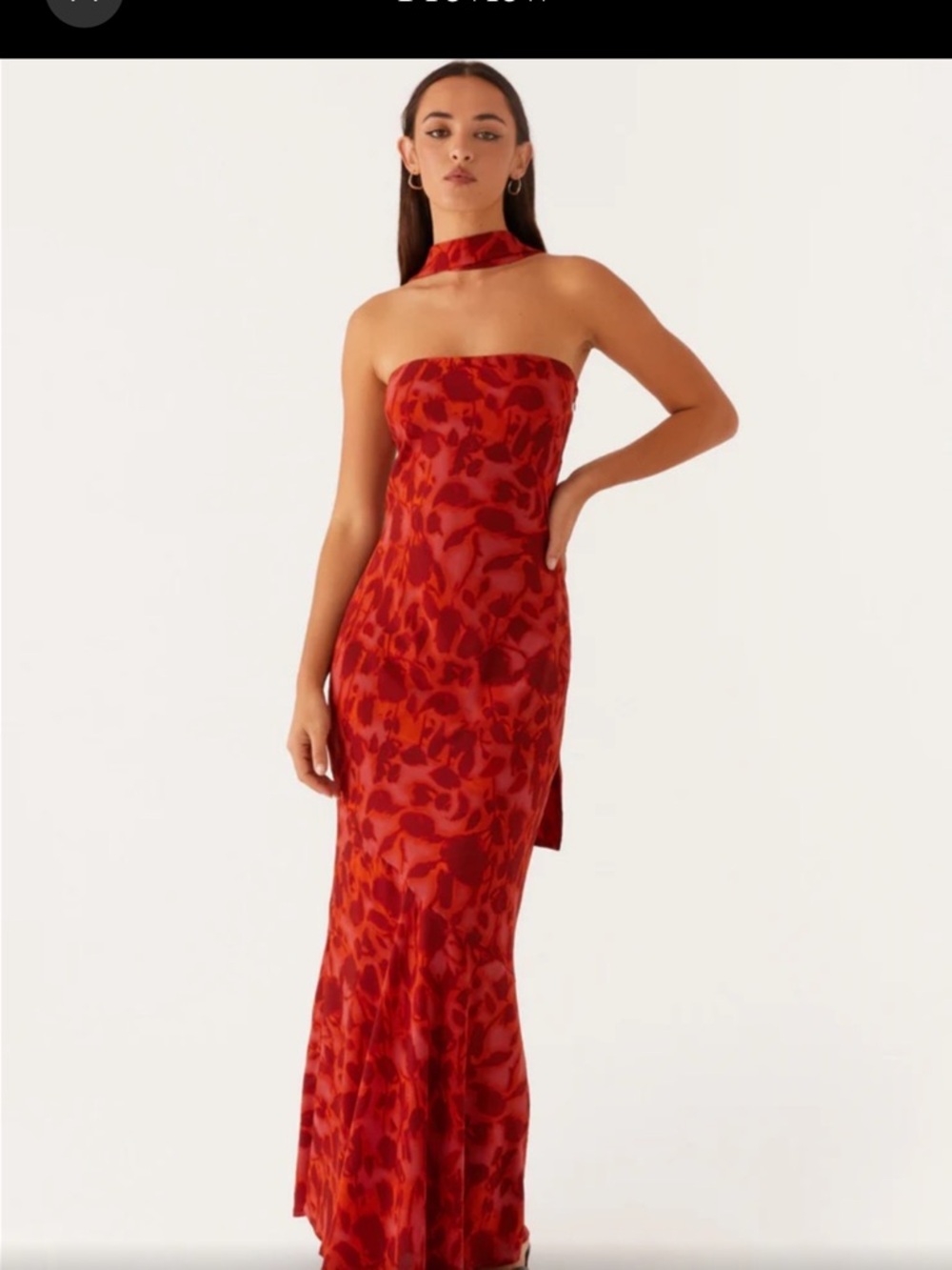 Peppermayo Red Strapless Floral Satin Gown